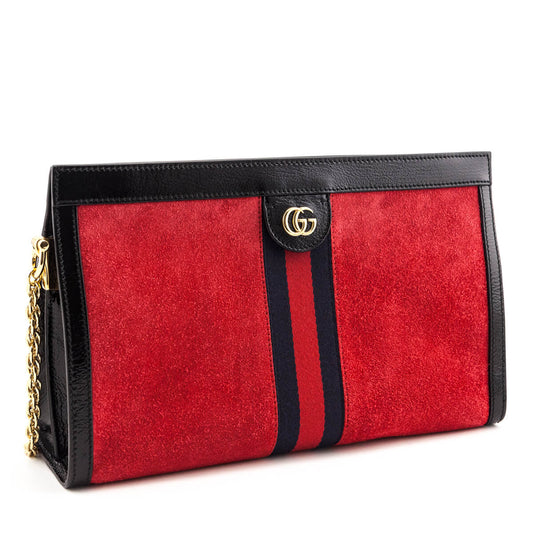 Gucci Red Suede Patent GG Web Medium Ophidia Chain Shoulder Bag