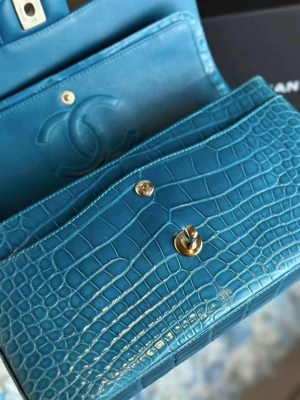 Chanel Medium Turquoise Crocodile Classic Flap Bag