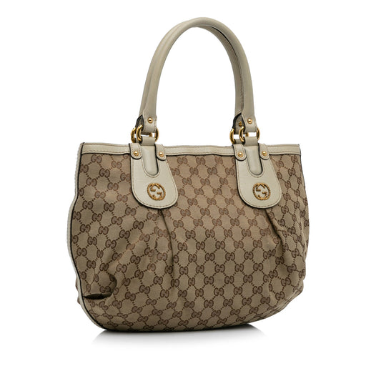 Gucci Brown Leather Canvas Tote Style 17