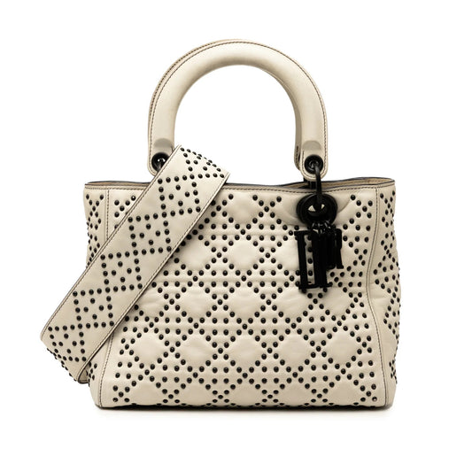 White Dior Medium Lambskin Cannage Studded Supple Lady Dior Satchel