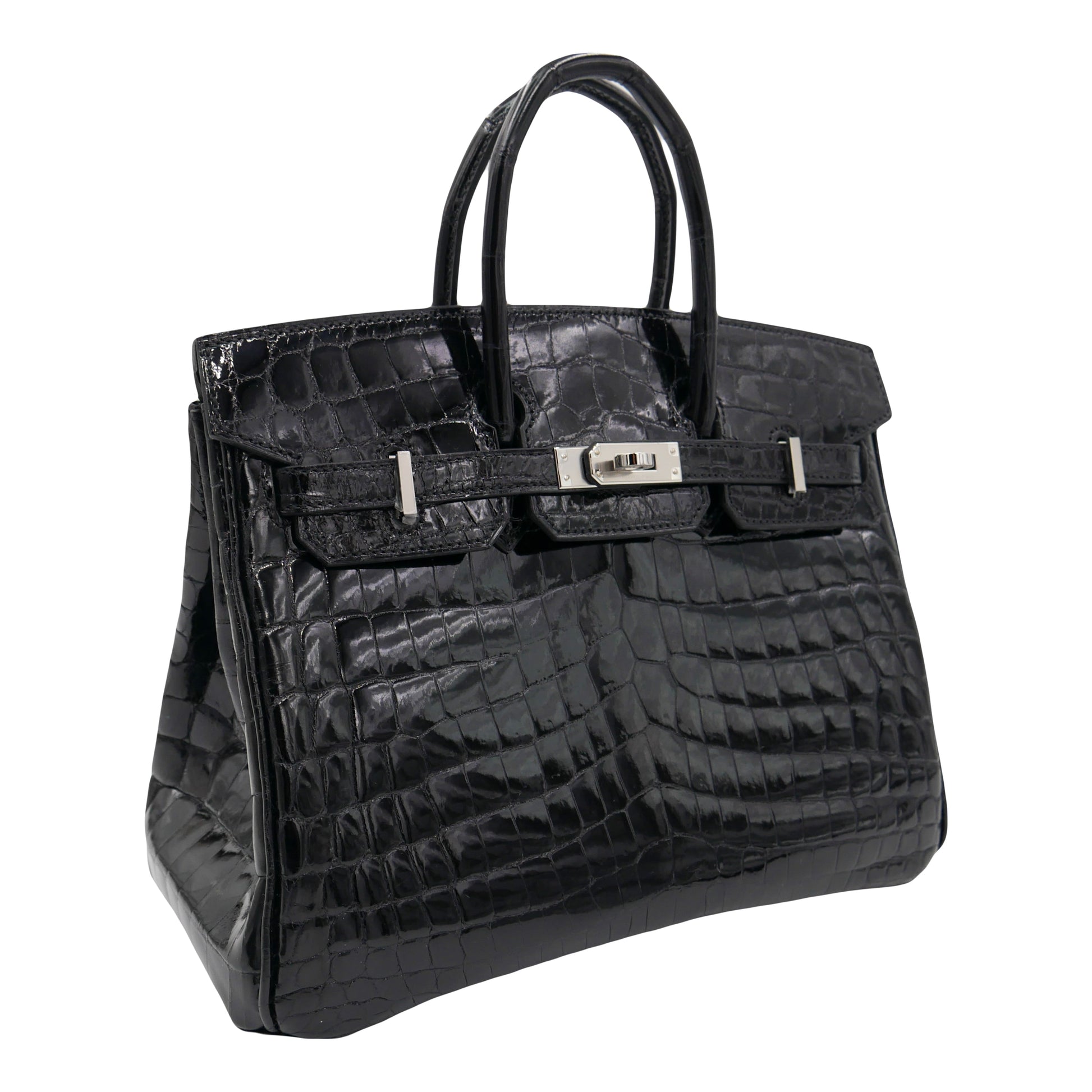 Hermes25cm Birkin Black Shiny Niloticus Crocodile Palladium Hardware