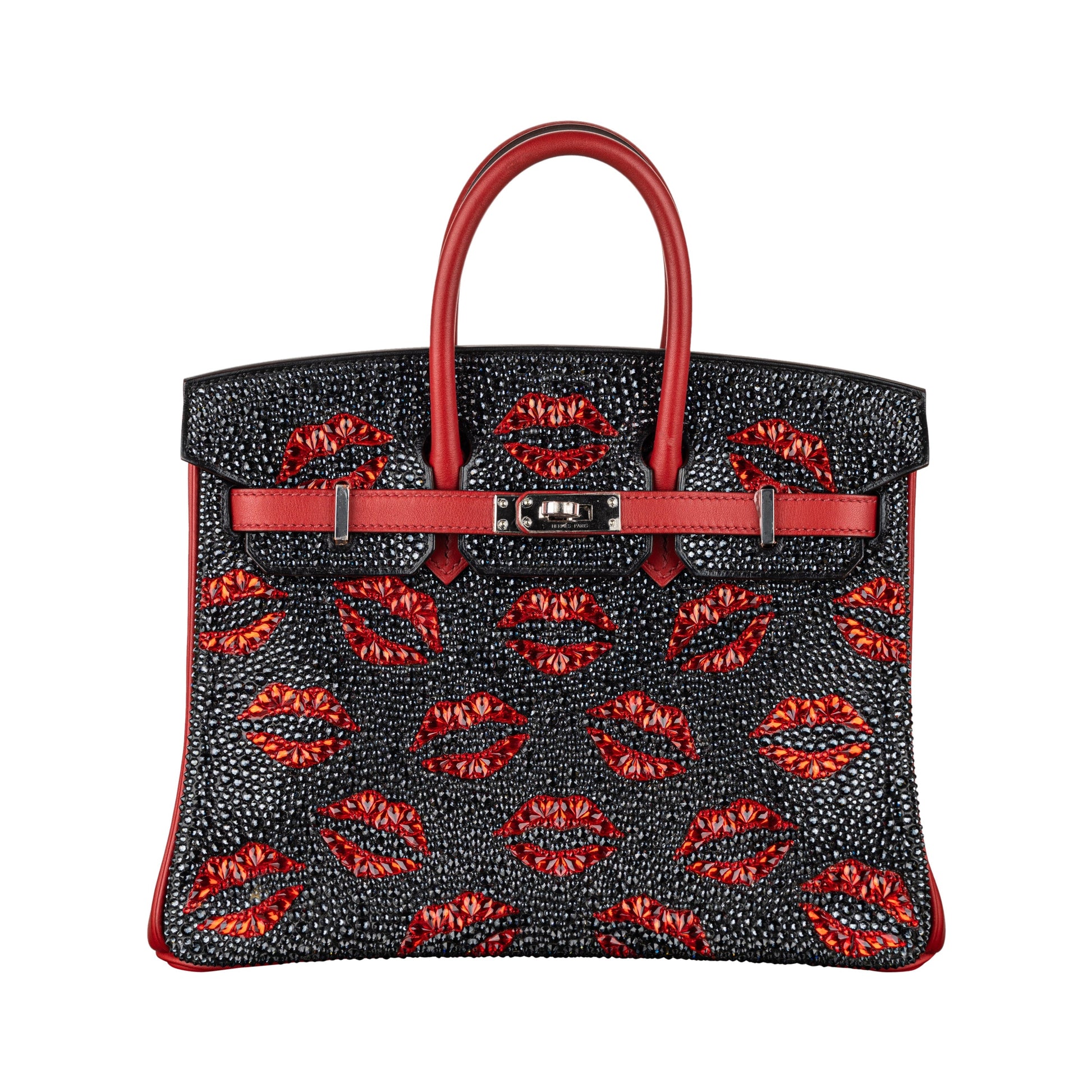 Hermes25cm Birkin Customized "Kiss Me" Lips Swarovski Crystal Palladium Hardware