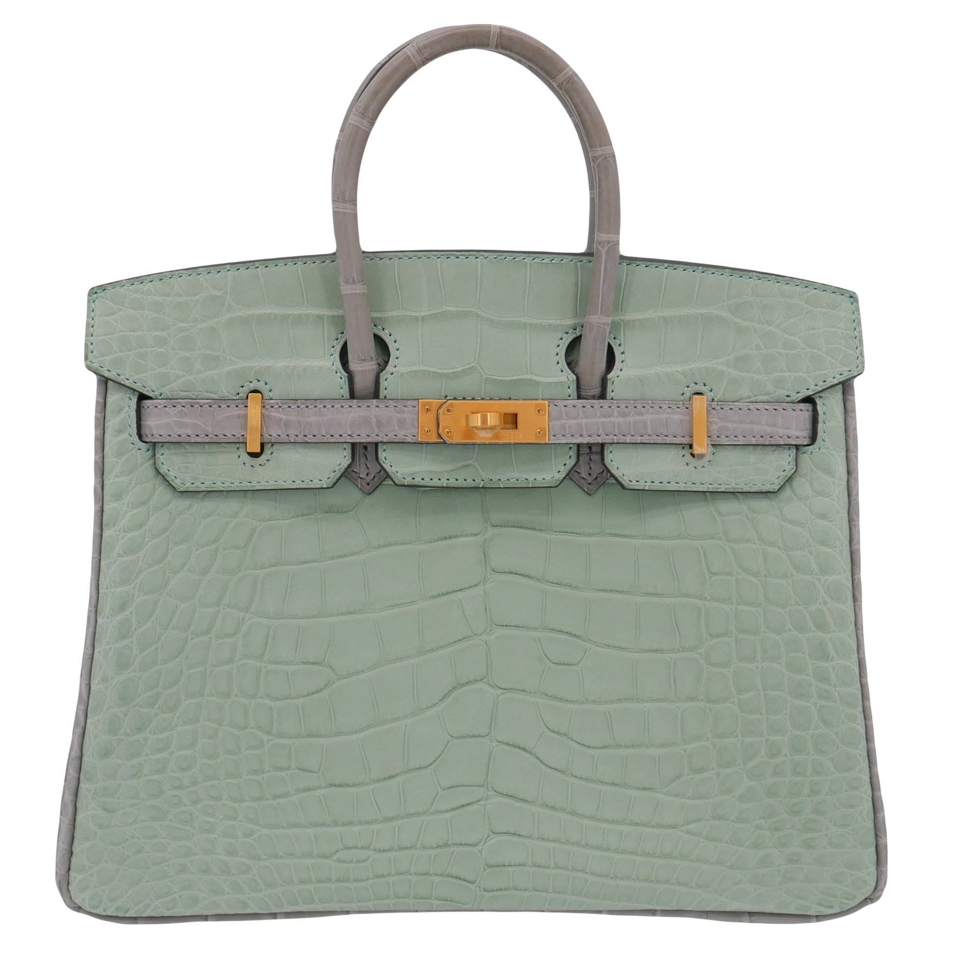 Hermes25cm Birkin HSS Vert D'eau/ Gris Perle Matte Alligator Brushed Gold Hardware