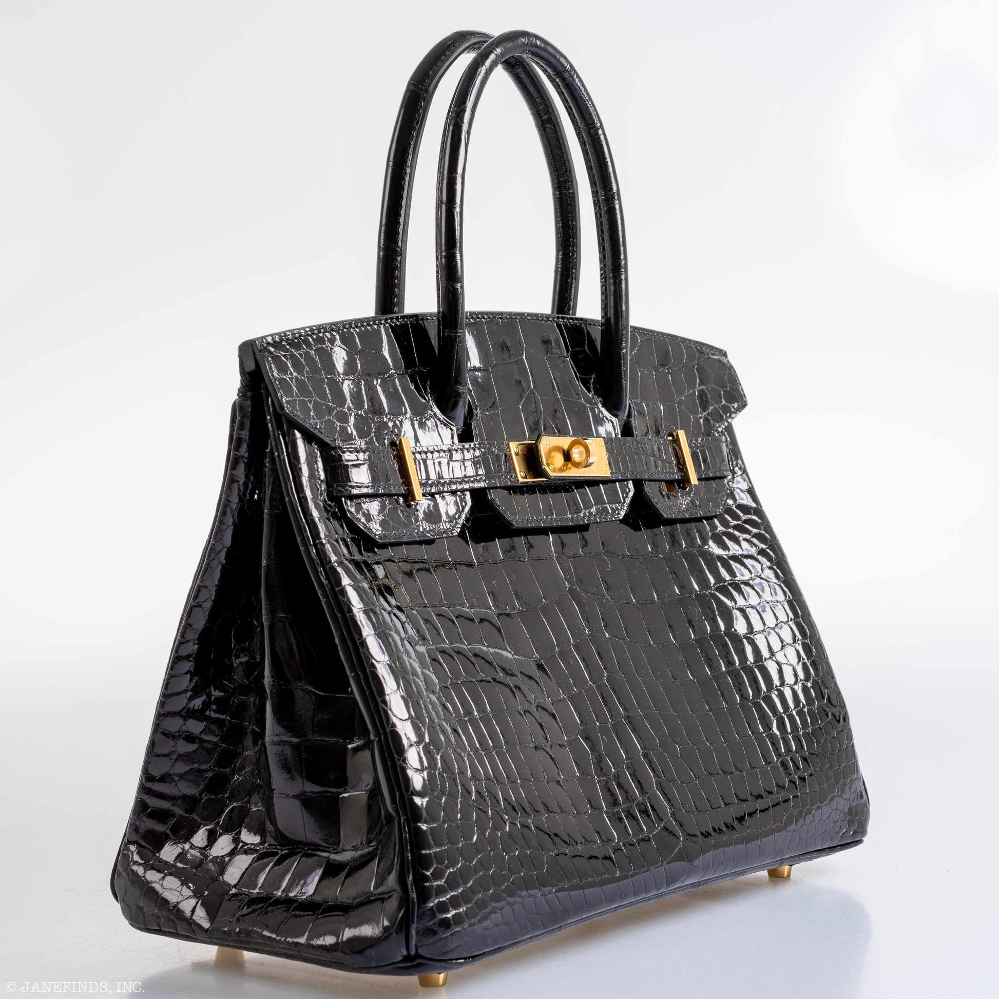 HermesBirkin 30 Black Shiny Porosus Crocodile Gold Hardware