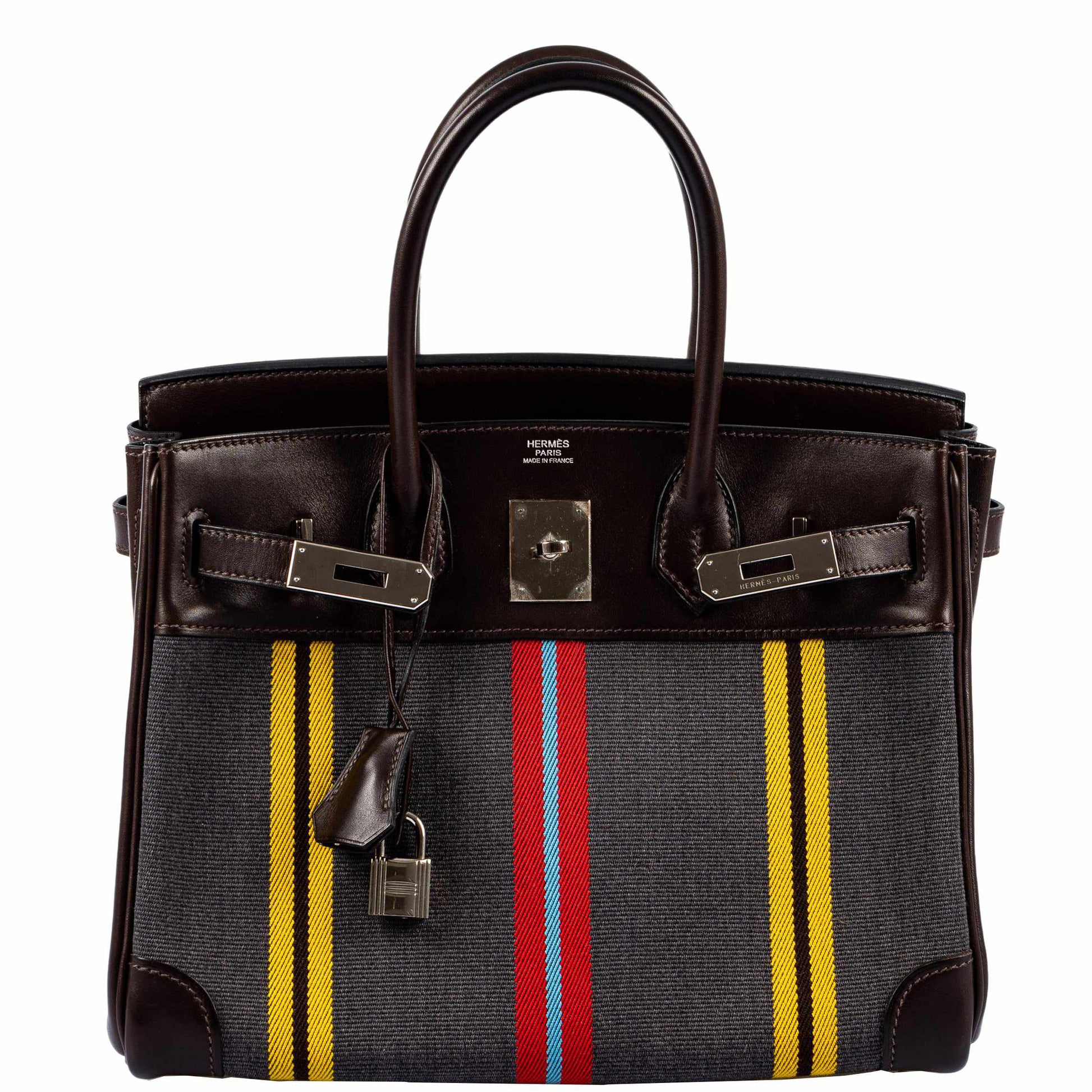 HermesBirkin 30 Marron Fonce Calf & Colorful Wool Jumping Canvas Palladium Hardware