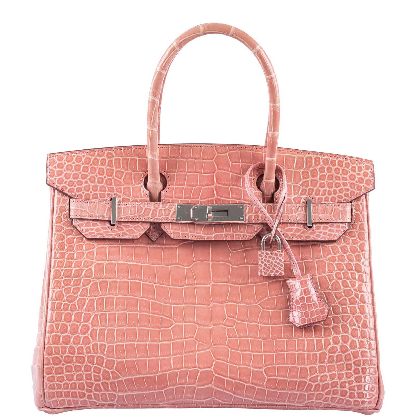 HermesBirkin 30 Rose Indiennes Shiny Porosus Crocodile Palladium Hardware
