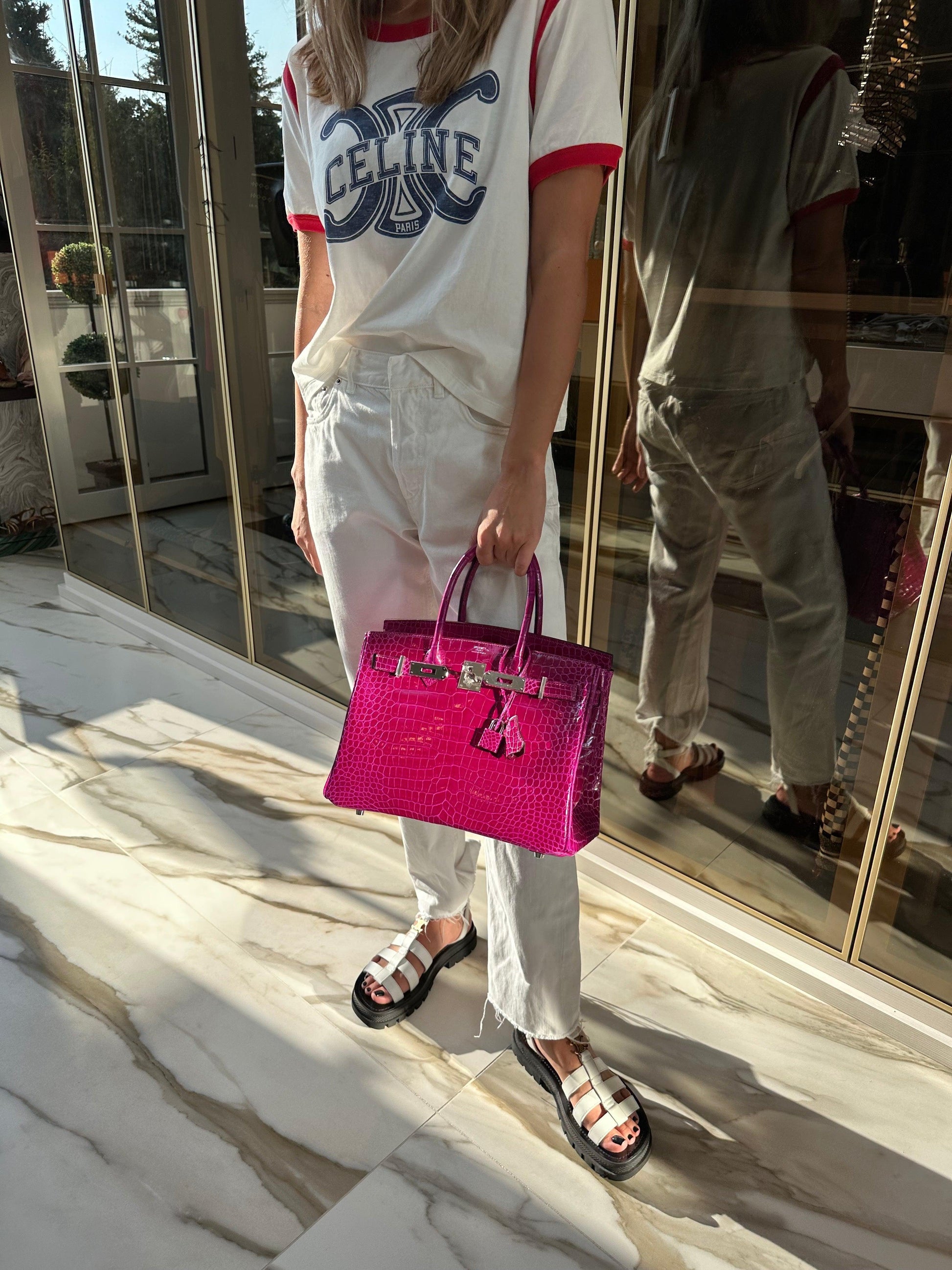 HermesBirkin 30 Rose Pourpre Shiny Porosus Crocodile Palladium Hardware