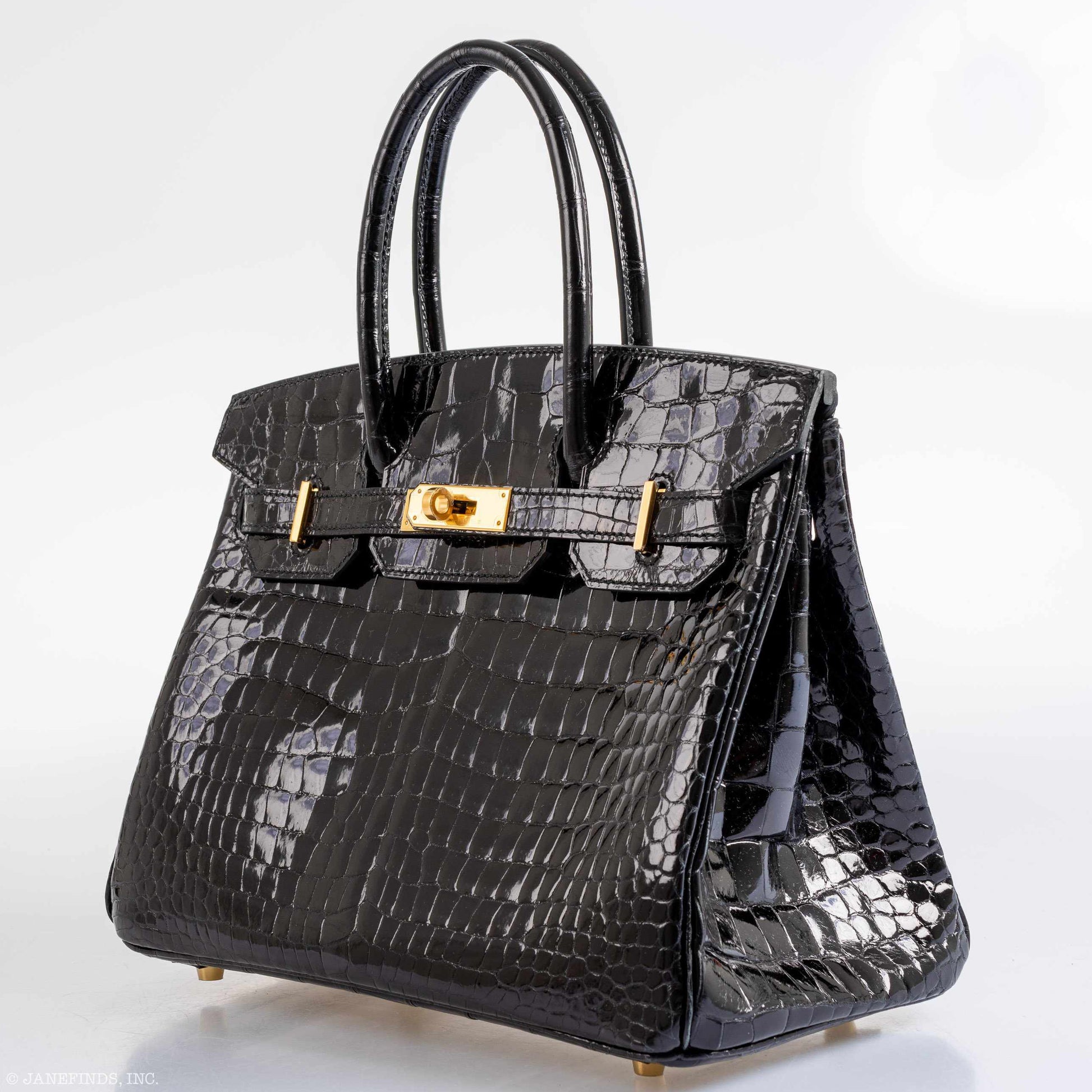HermesBirkin 30 Shiny Black Porosus Crocodile Gold Hardware