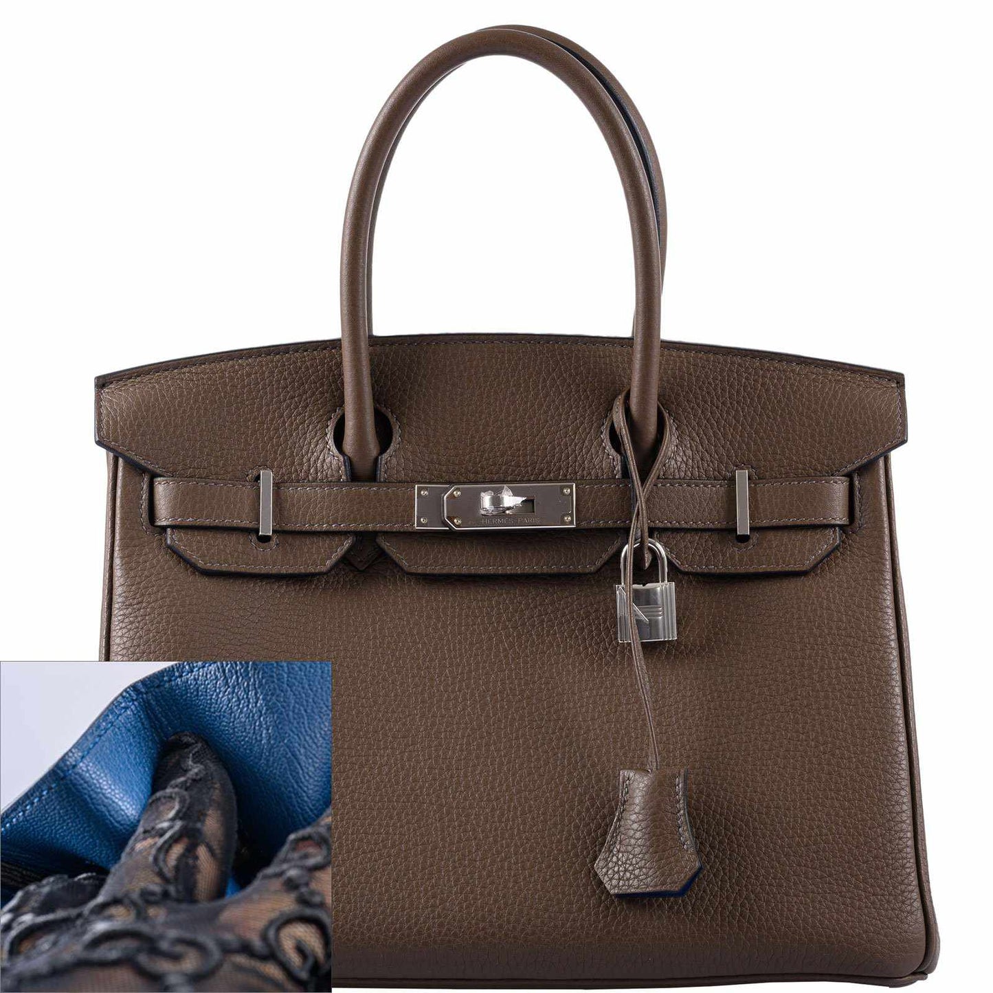 HermesBirkin 30 Verso Taupe & Blue Agate Clemence Palladium Hardware - 2020, Y