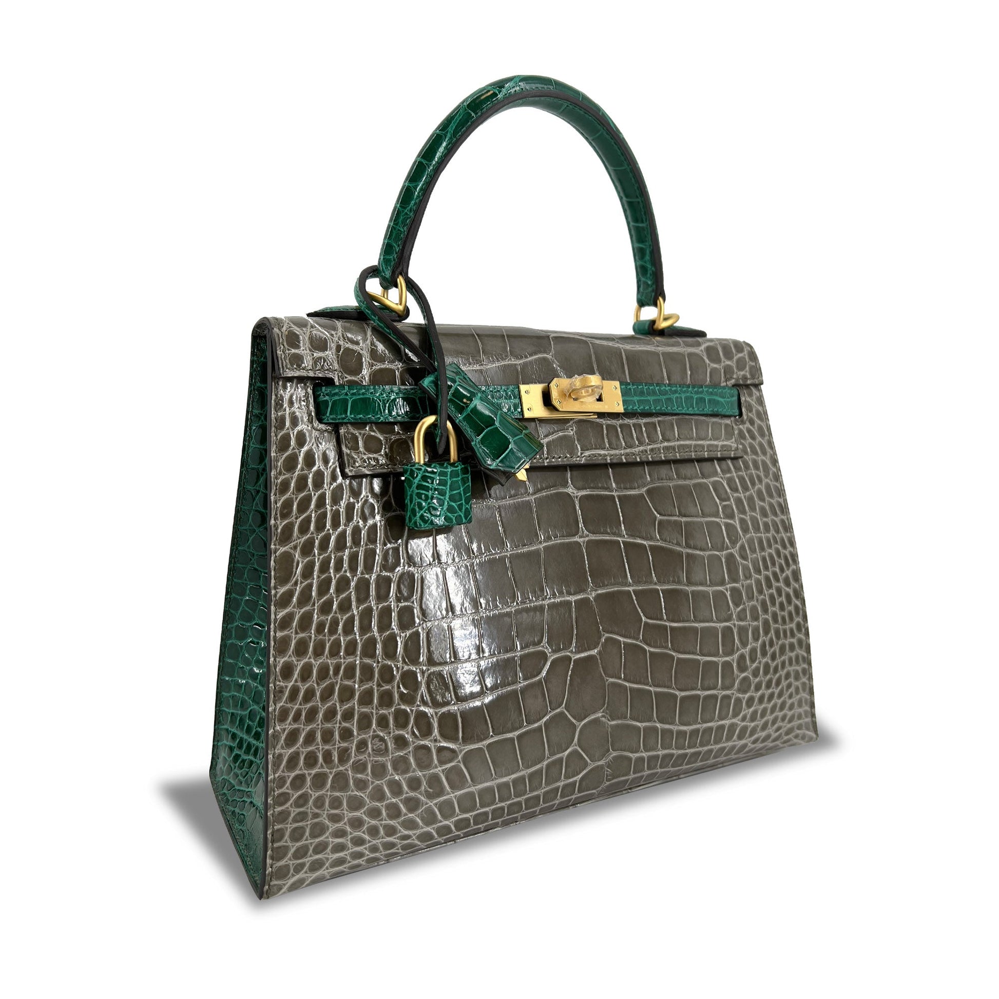 Top Quality Luxury Hermes Kelly designer bag Tourterelle Emerald Vert Lisse K25 GHW