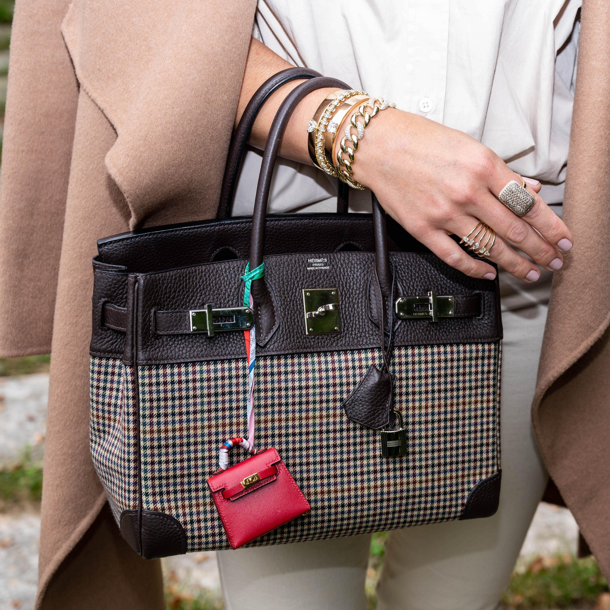 HermesLainage Birkin 30 Houndstooth Plaid Wool and Ebene Togo Palladium Hardware
