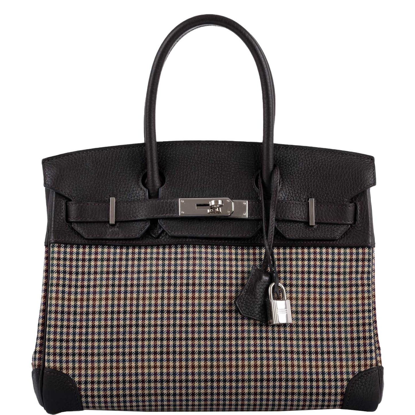HermesLainage Birkin 30 Houndstooth Plaid Wool and Ebene Togo Palladium Hardware