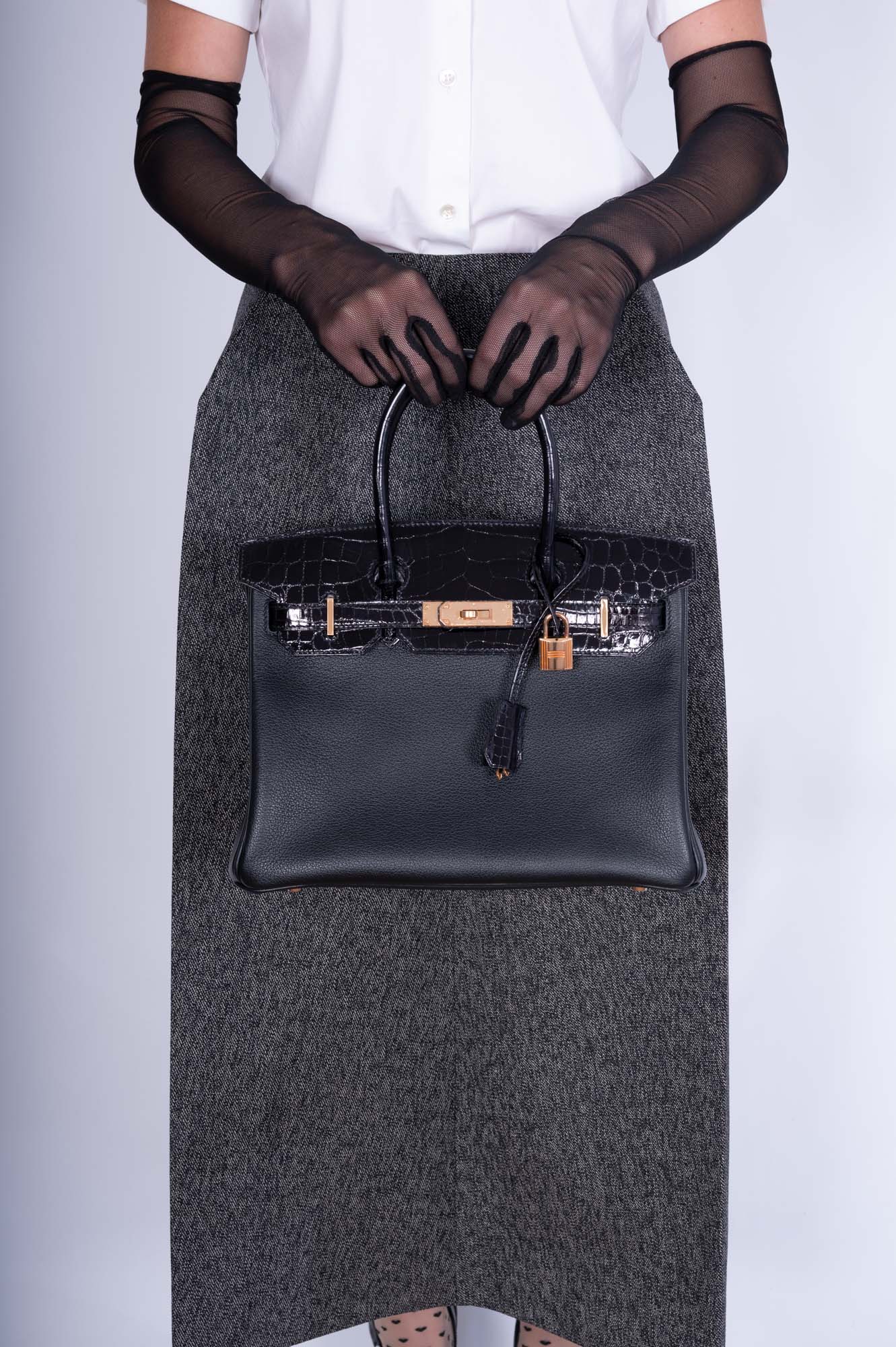 HermesTouch Birkin 30 Black Shiny Nilo Crocodile and Togo Rose Gold Hardware