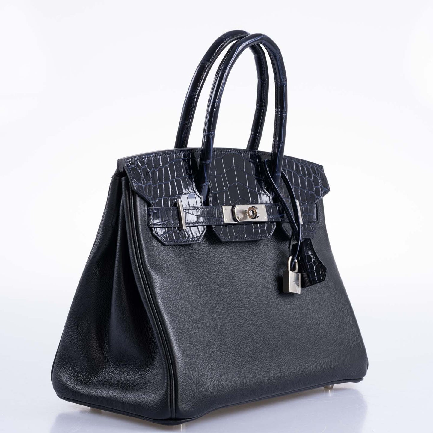 HermesTouch Birkin 30 Shiny Bleu Marine Nilo Crocodile and Black Novillo Palladium Hardware