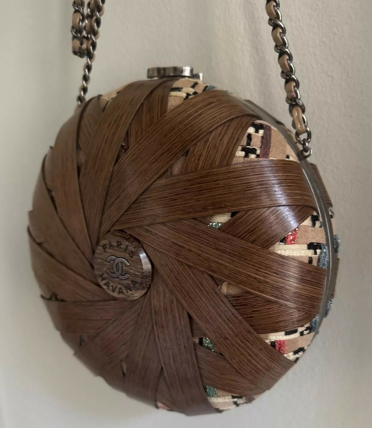 Chanel Havana By Night  Round Woven Wood and Tweed MinaudiÃ¨re