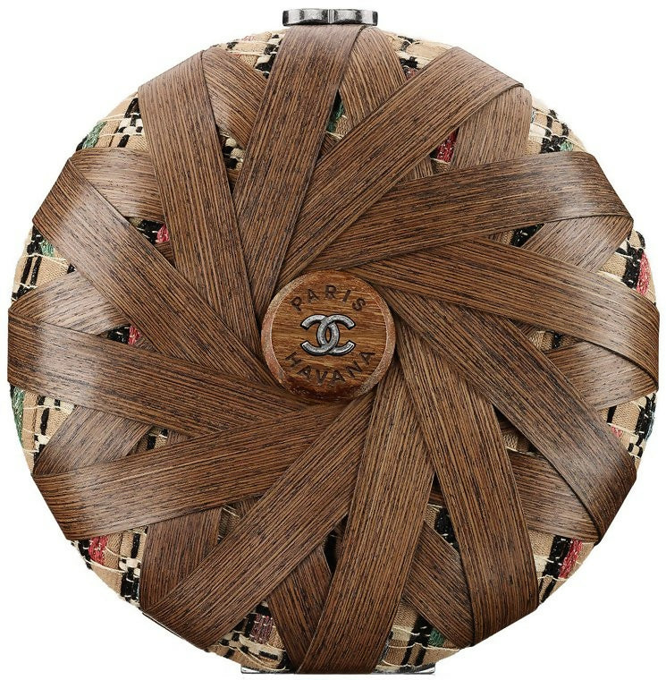 Chanel Havana By Night  Round Woven Wood and Tweed MinaudiÃ¨re