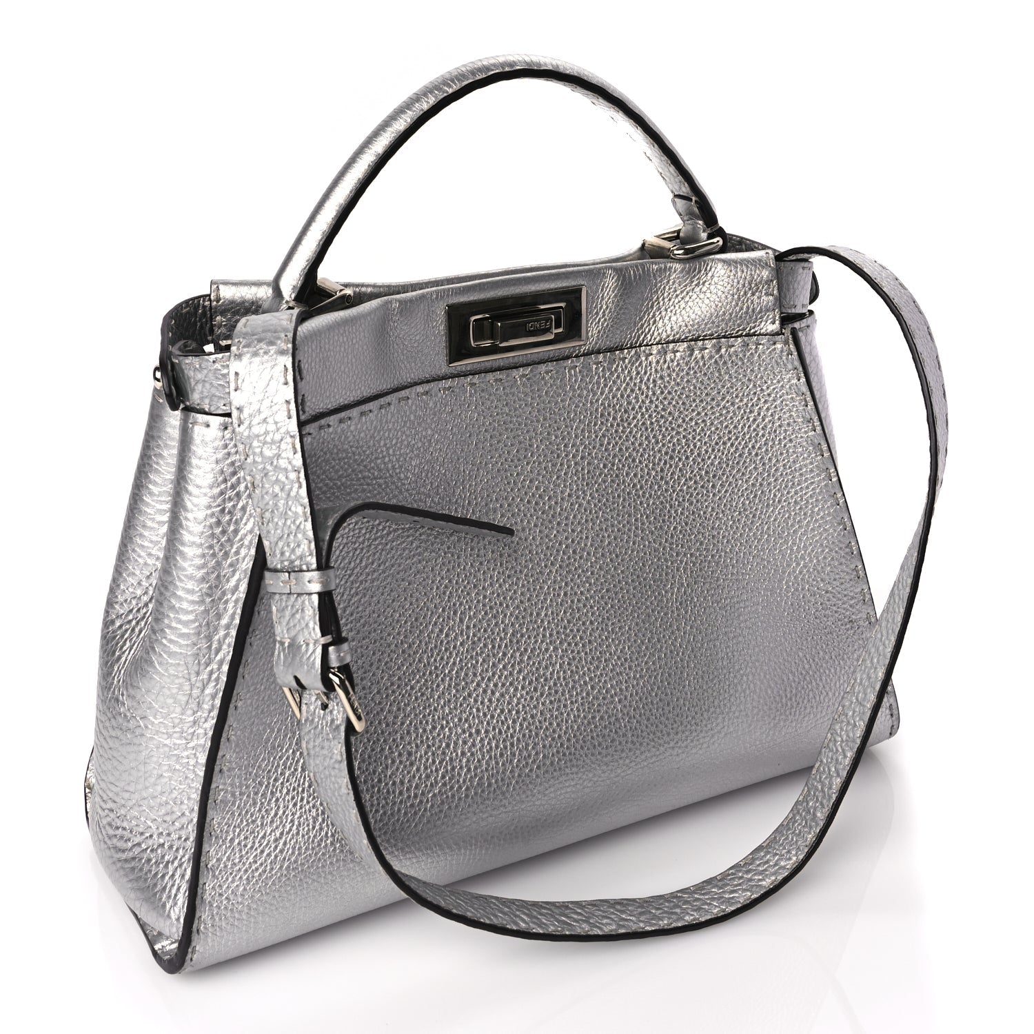 Fendi Cuoio Romano Lux Selleria Medium Peekaboo Iconic Satchel Argento