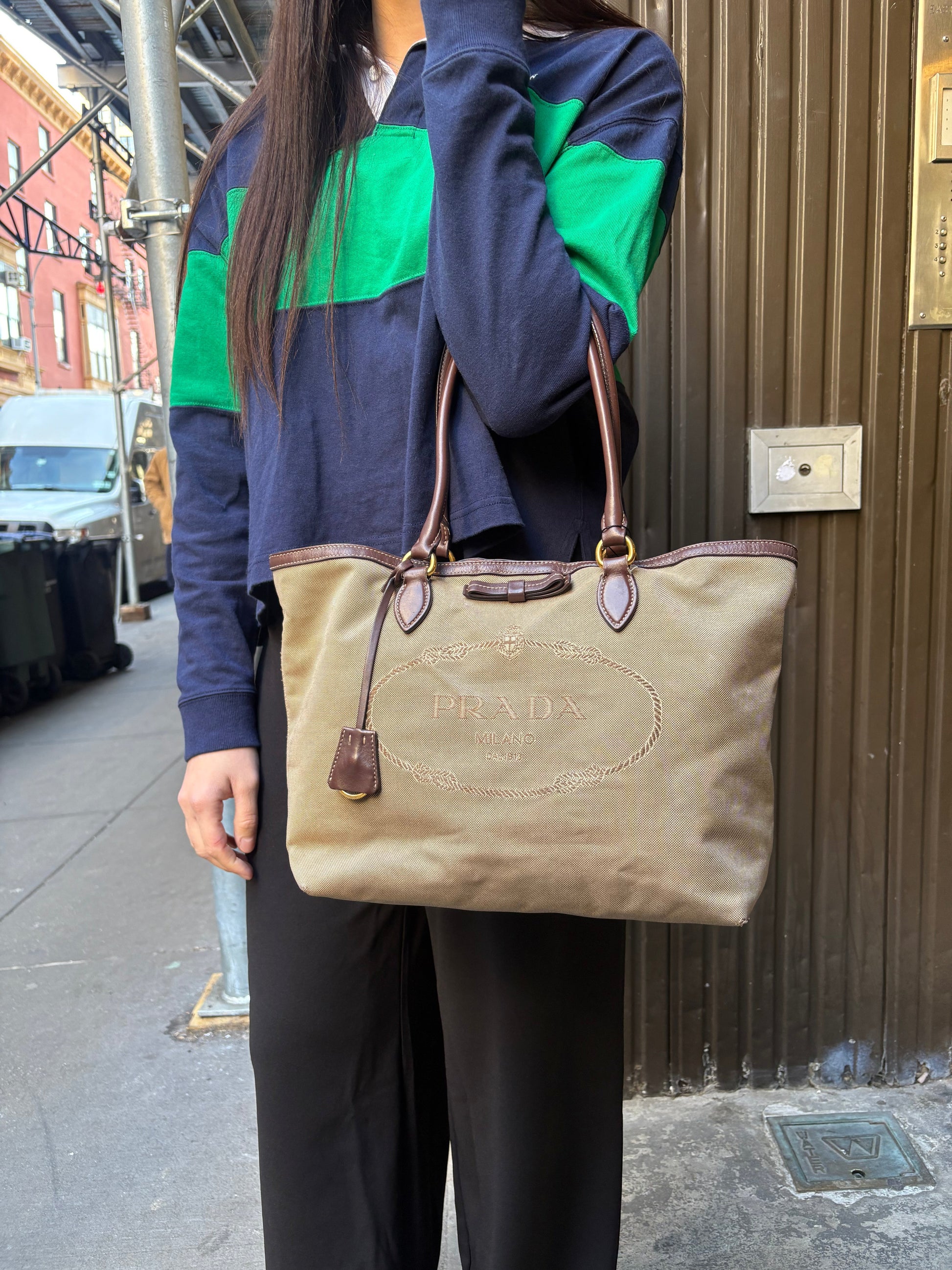 Prada Jacquard Logo Tote Brown