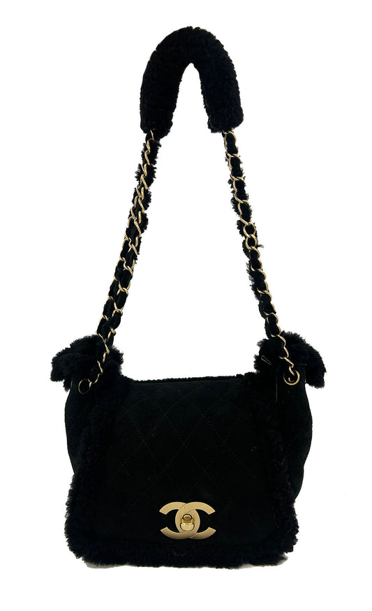 Chanel Black Suede Shearling Small Accordion Flap Bag