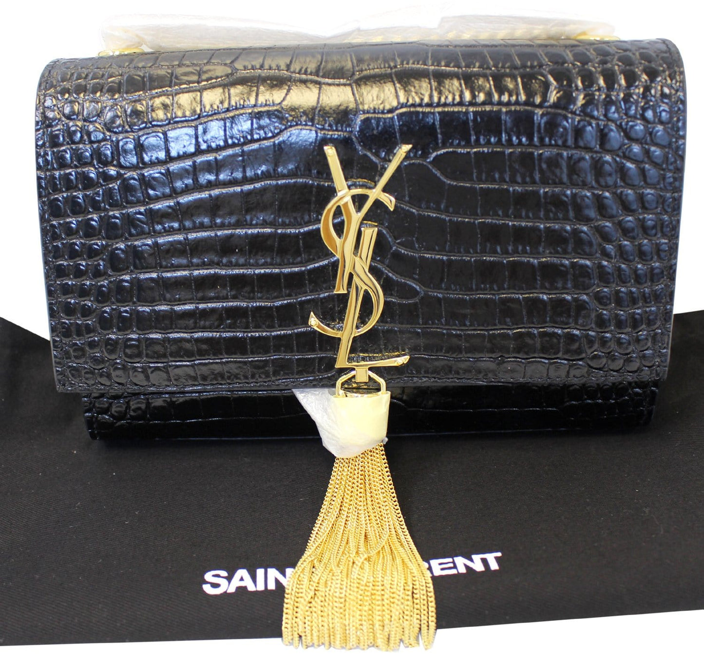 SAINT LAURENT Crocodile Black Leather Chain Clutch Crossbody Bag