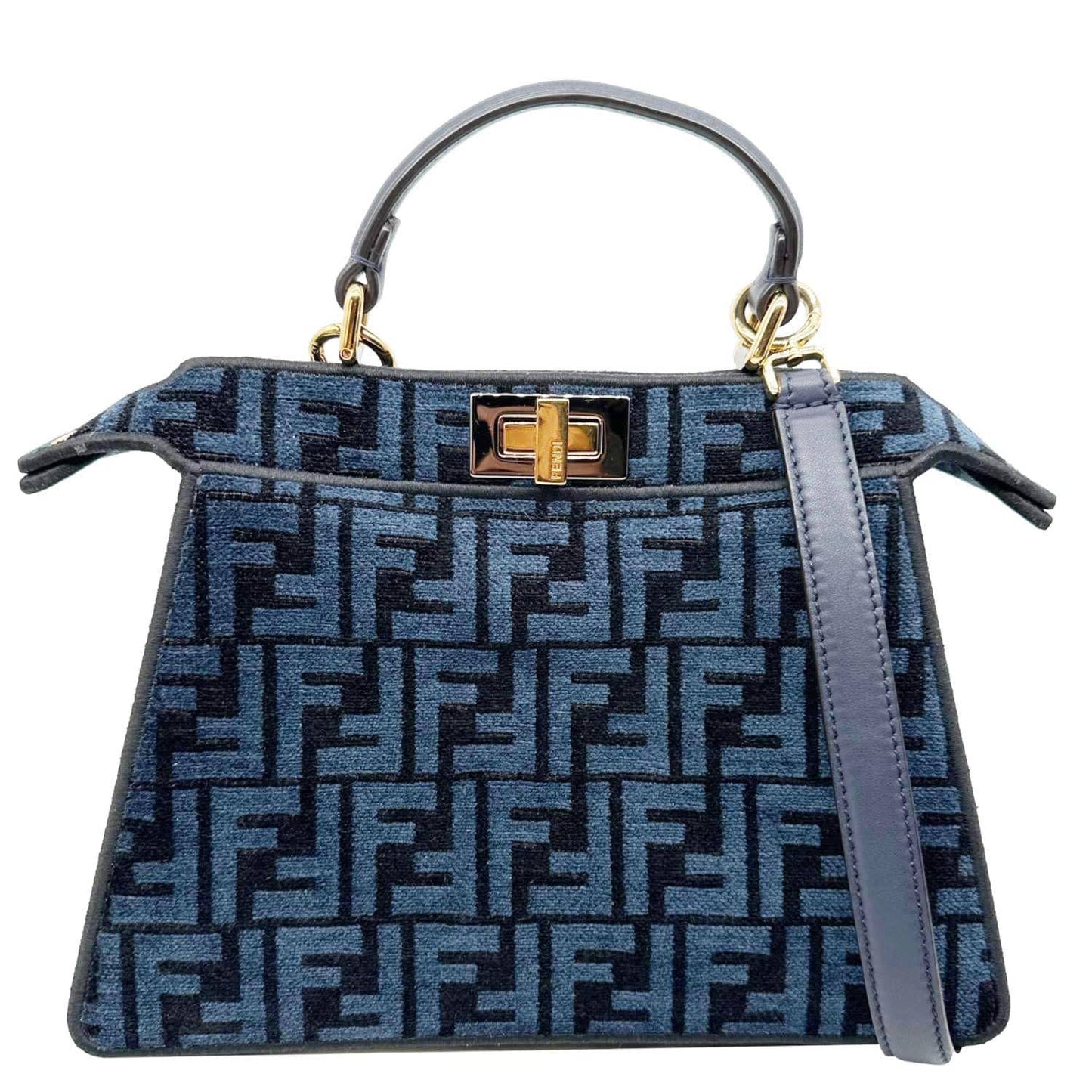 FENDI Peekaboo I SEE U Small Chenille FF Vitello Seta Satchel Bag Blue