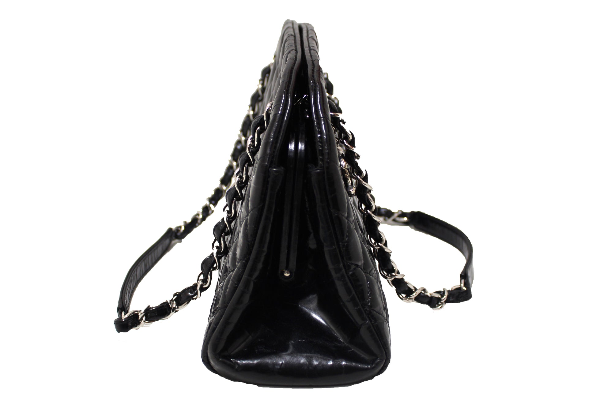 Chanel Black Patent Quilted Medium Just Mademoiselle Bowling Bag