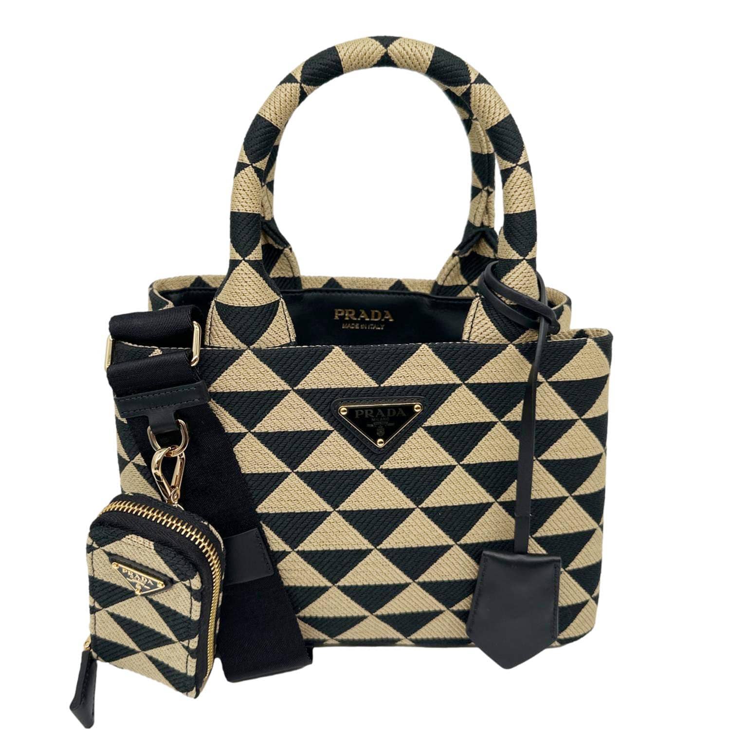 PRADA Symbole Embroidered Canvas Tote Bag Beige