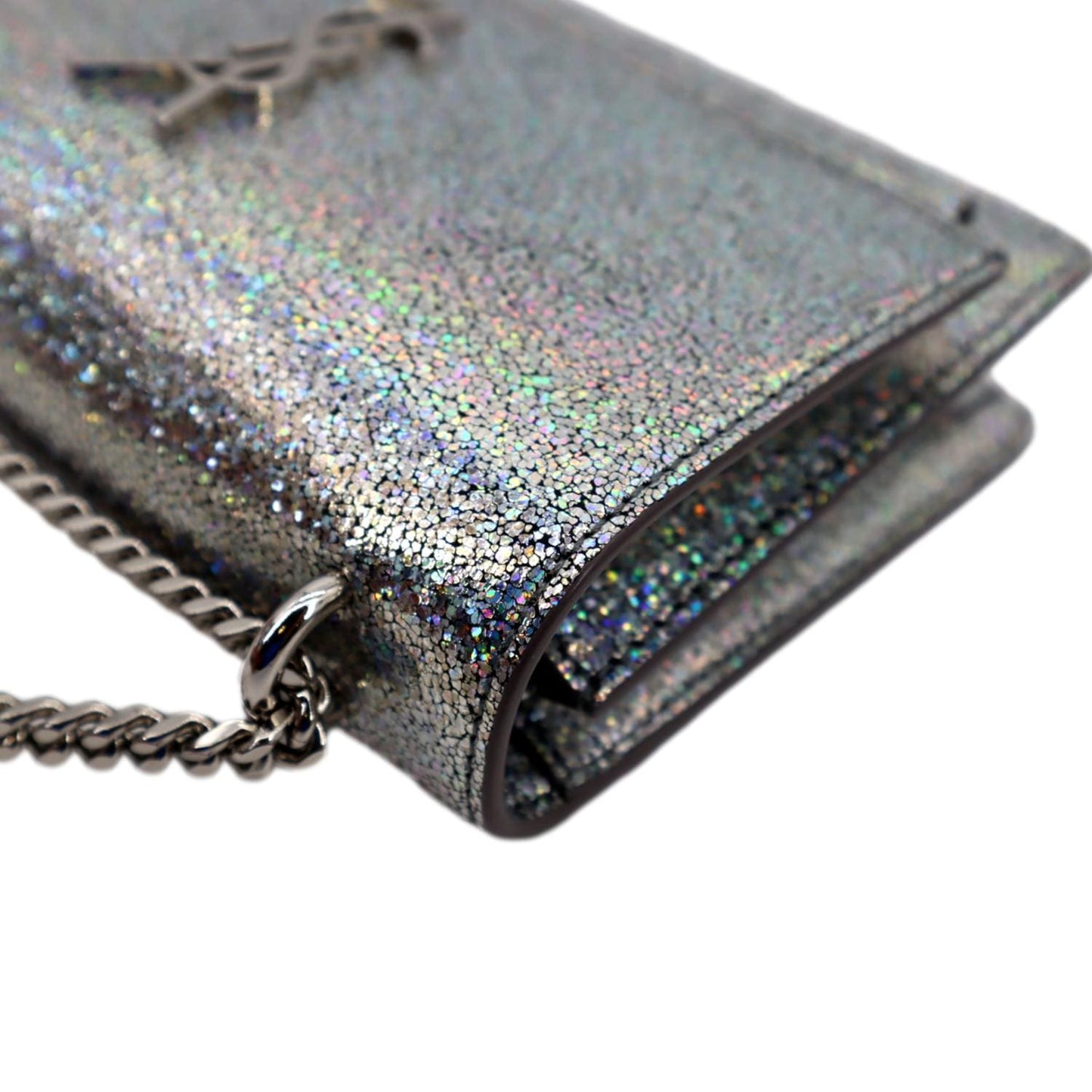 SAINT LAURENT Sunset Crackled Metallic Leather Crossbody Bag Silver