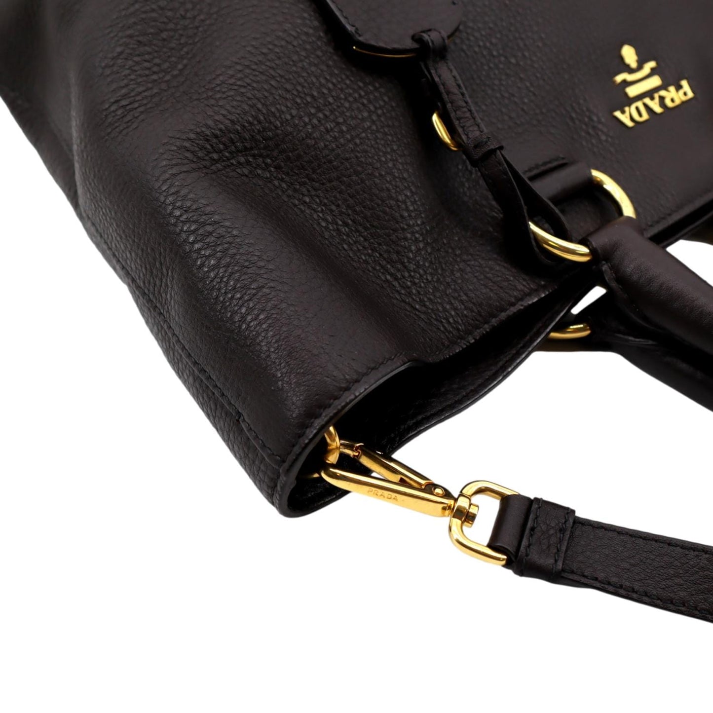 PRADA Vitello Daino Leather Tote Shoulder Bag Dark Brown