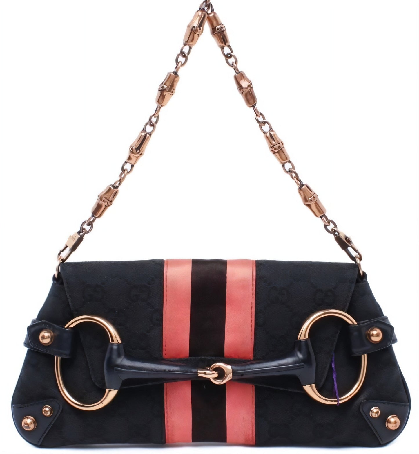 Gucci Horsebit 1955 Chain Shoulder bag Black monogram with Pink silk stripe