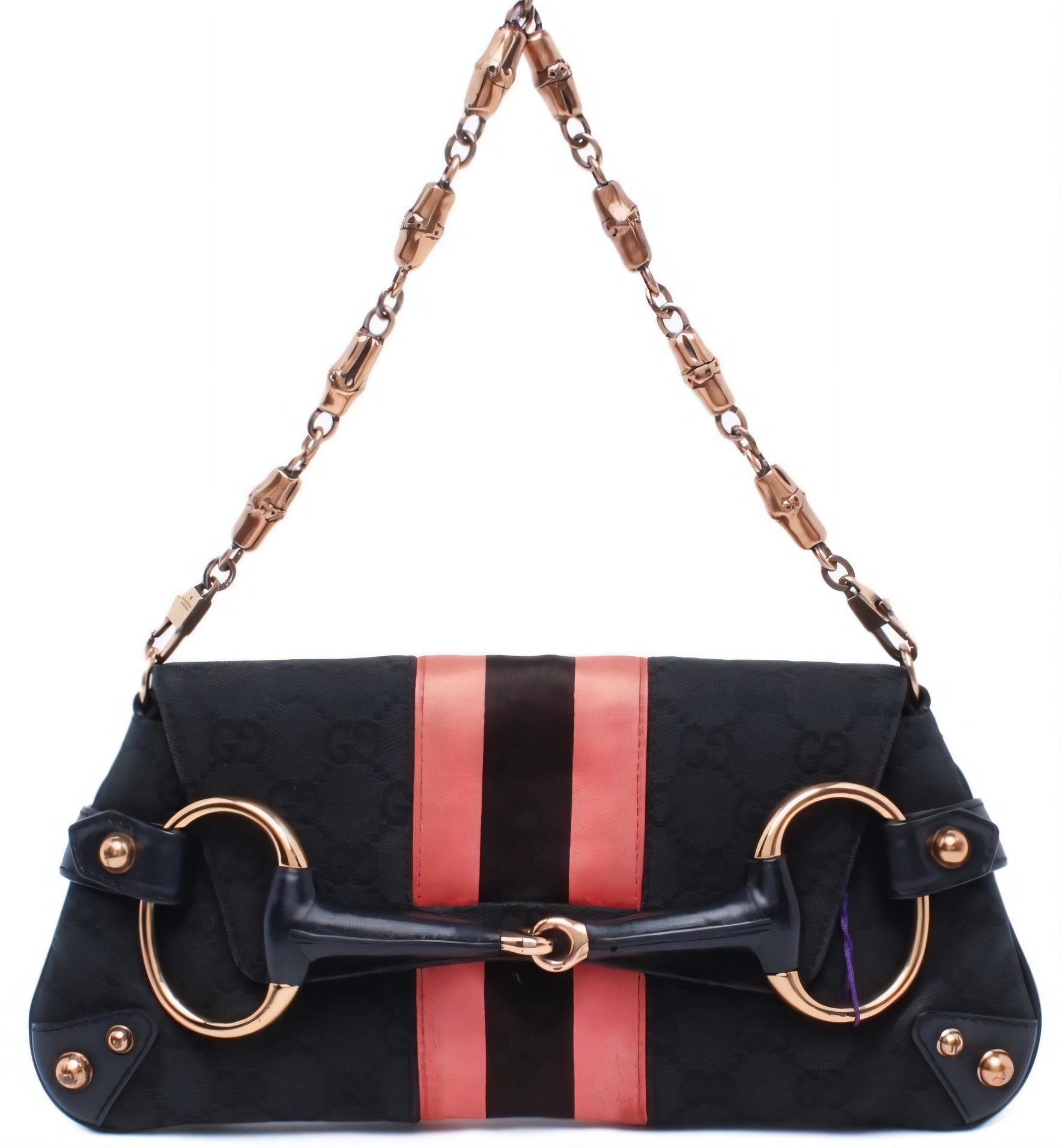 Gucci Horsebit 1955 Chain Shoulder bag Black monogram with Pink silk stripe
