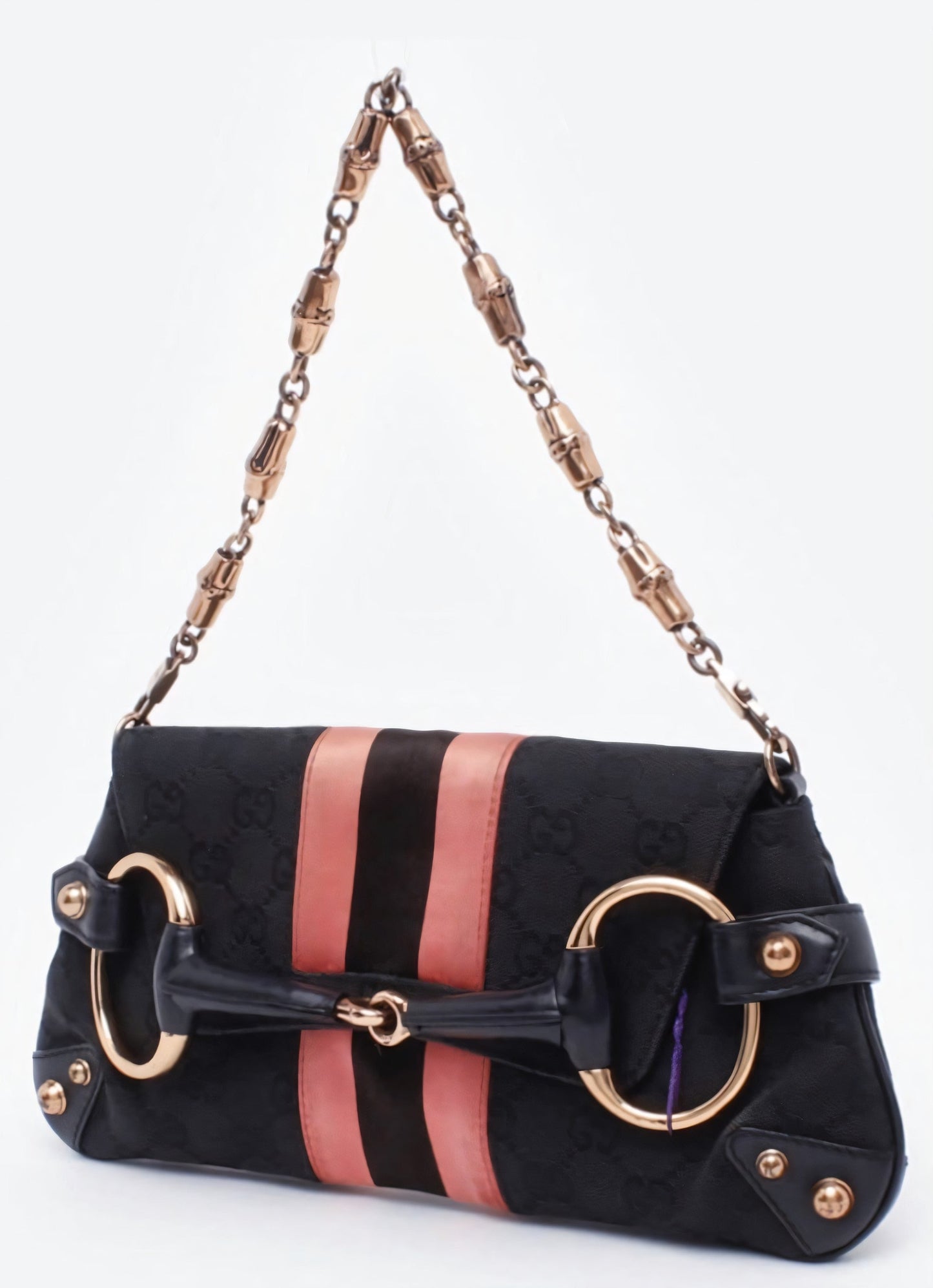 Gucci Horsebit 1955 Chain Shoulder bag Black monogram with Pink silk stripe