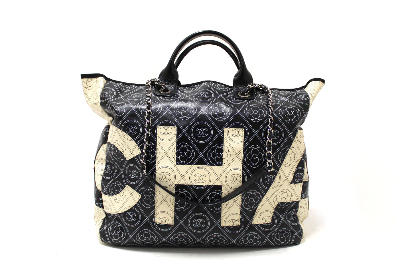 Chanel Black and Beige Coated Canvas Camellia Flower Tote Bag