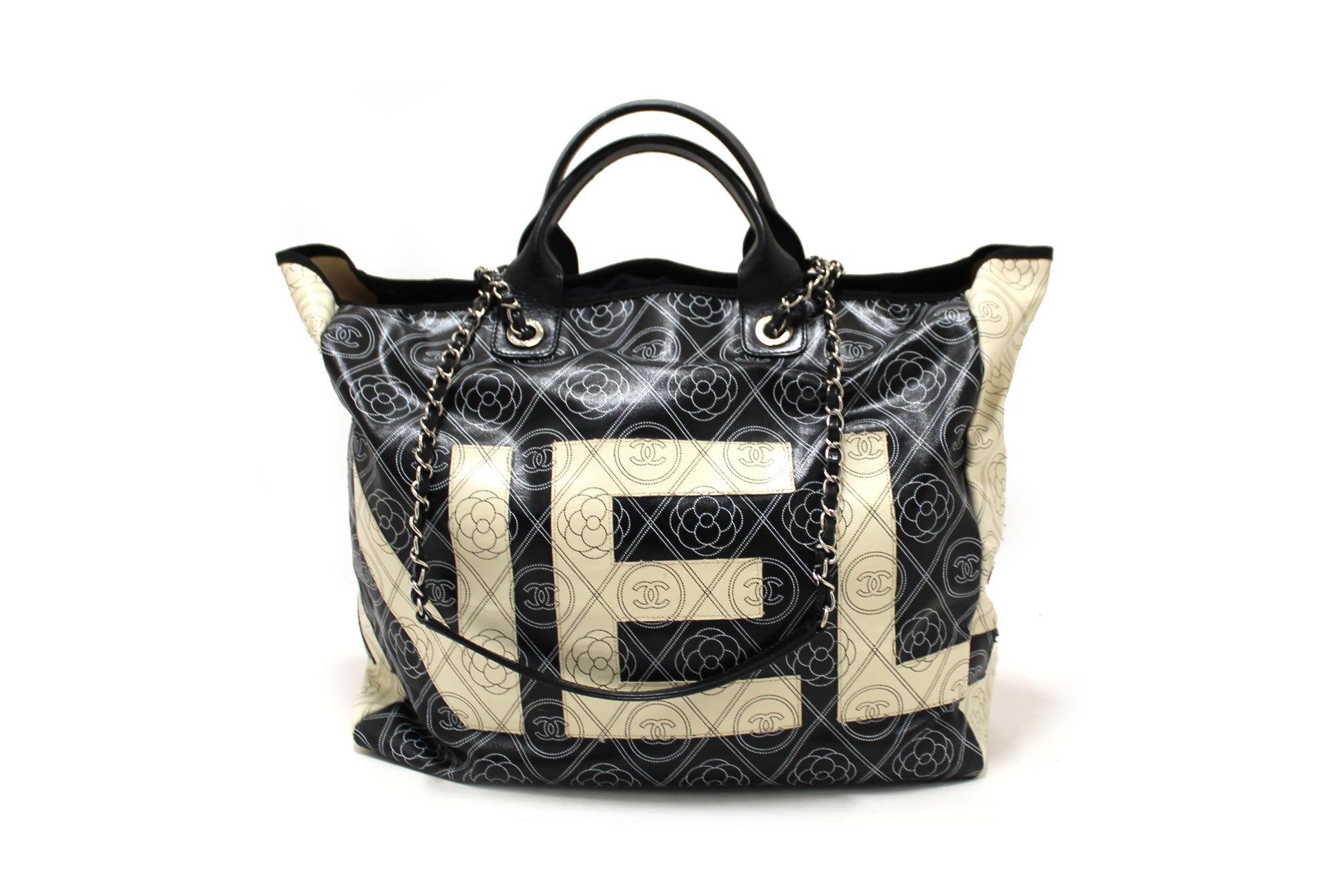 Chanel Black and Beige Coated Canvas Camellia Flower Tote Bag