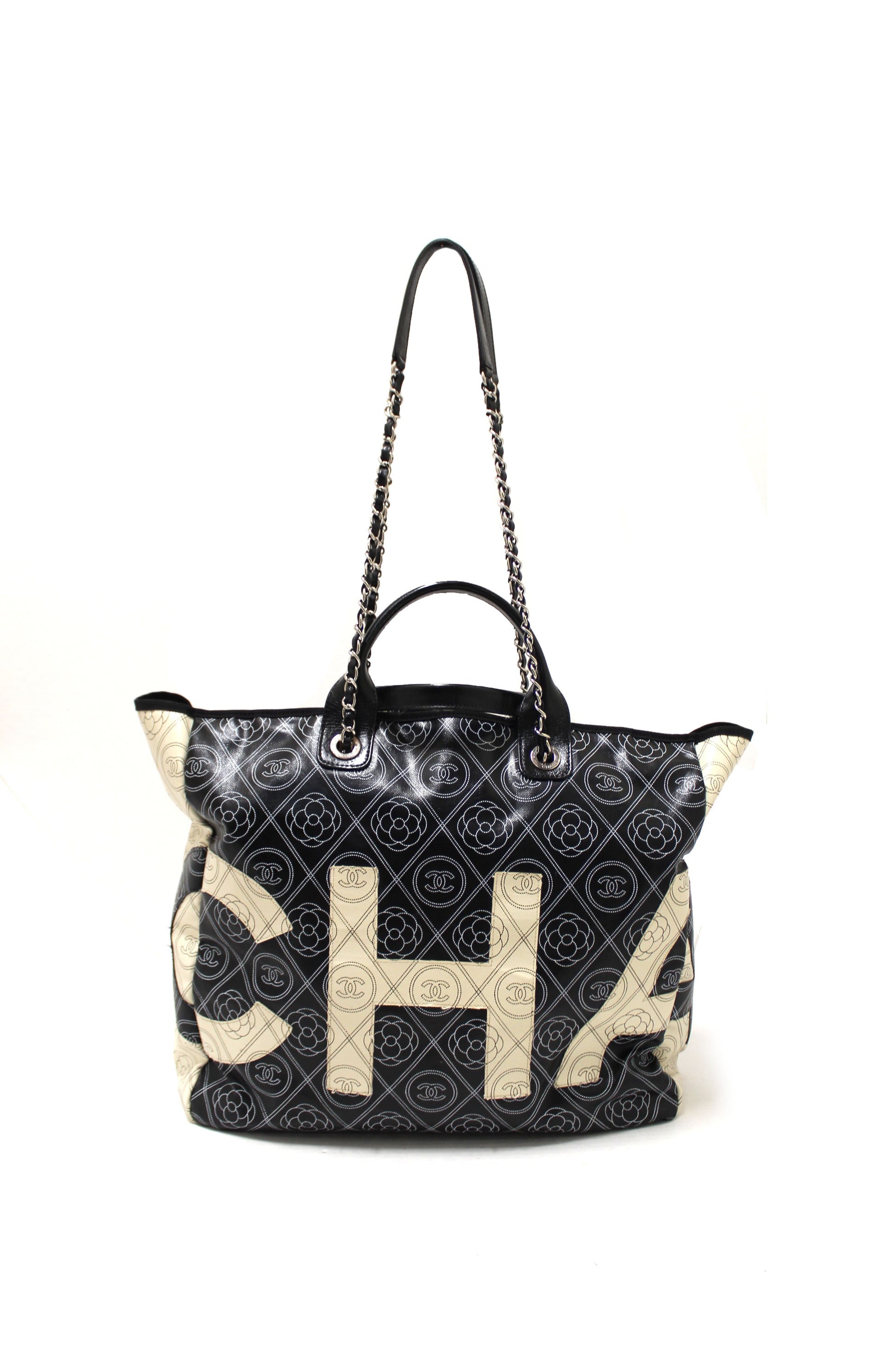 Chanel Black and Beige Coated Canvas Camellia Flower Tote Bag