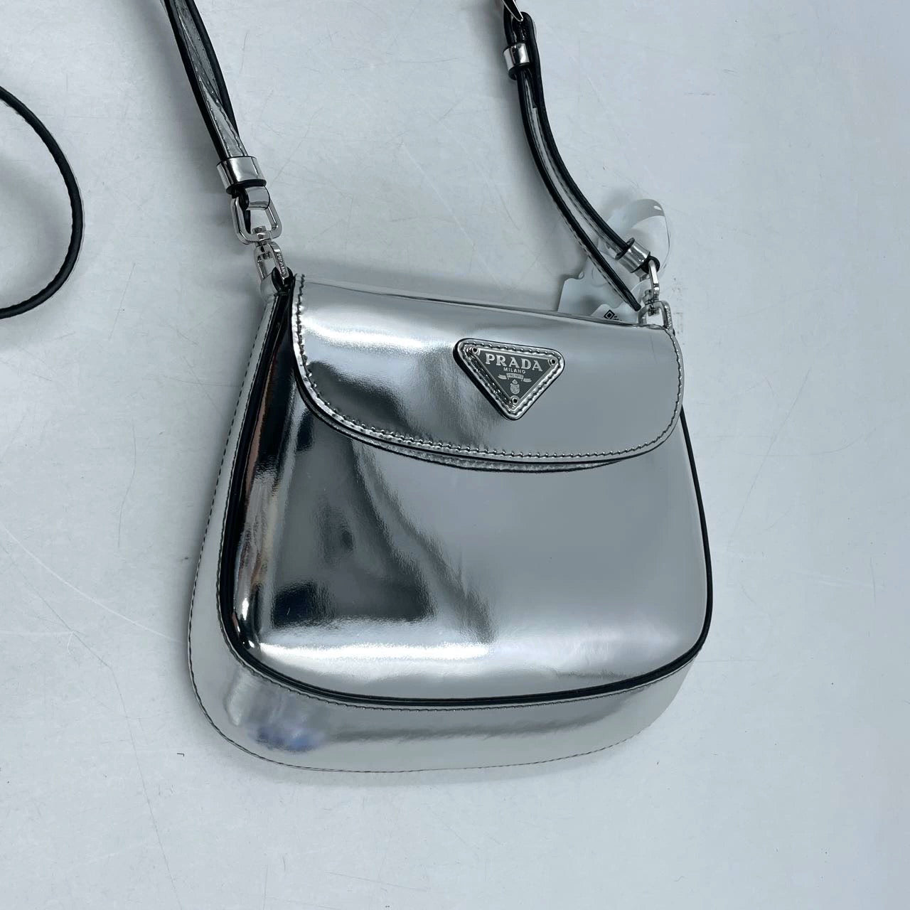 Prada Cleo Flap Silver Leather Shoulder bag 2 Way Carry Short and Long Strap