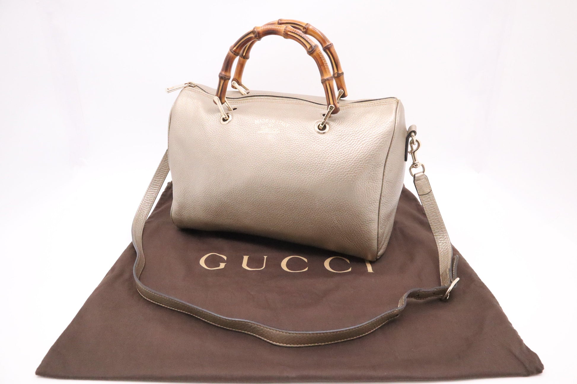 Gucci Bamboo Shopper Boston Bag in Metallic Beige Leather