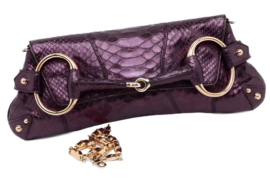 Gucci Horsebit 1955 Metallic Purple Lizard Skin Shoulder Bag Large