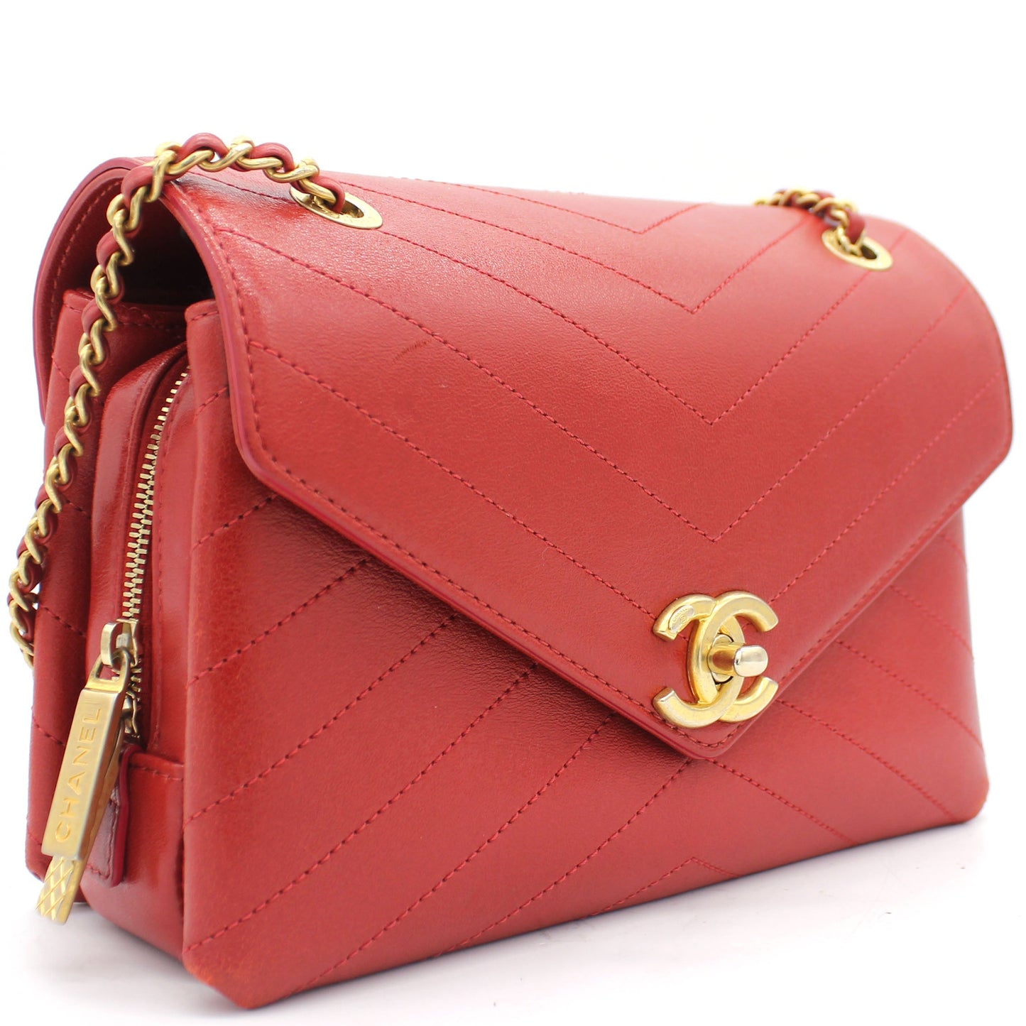 Chanel Calfskin Chevron Stitched Small Coco Flap Bag Red