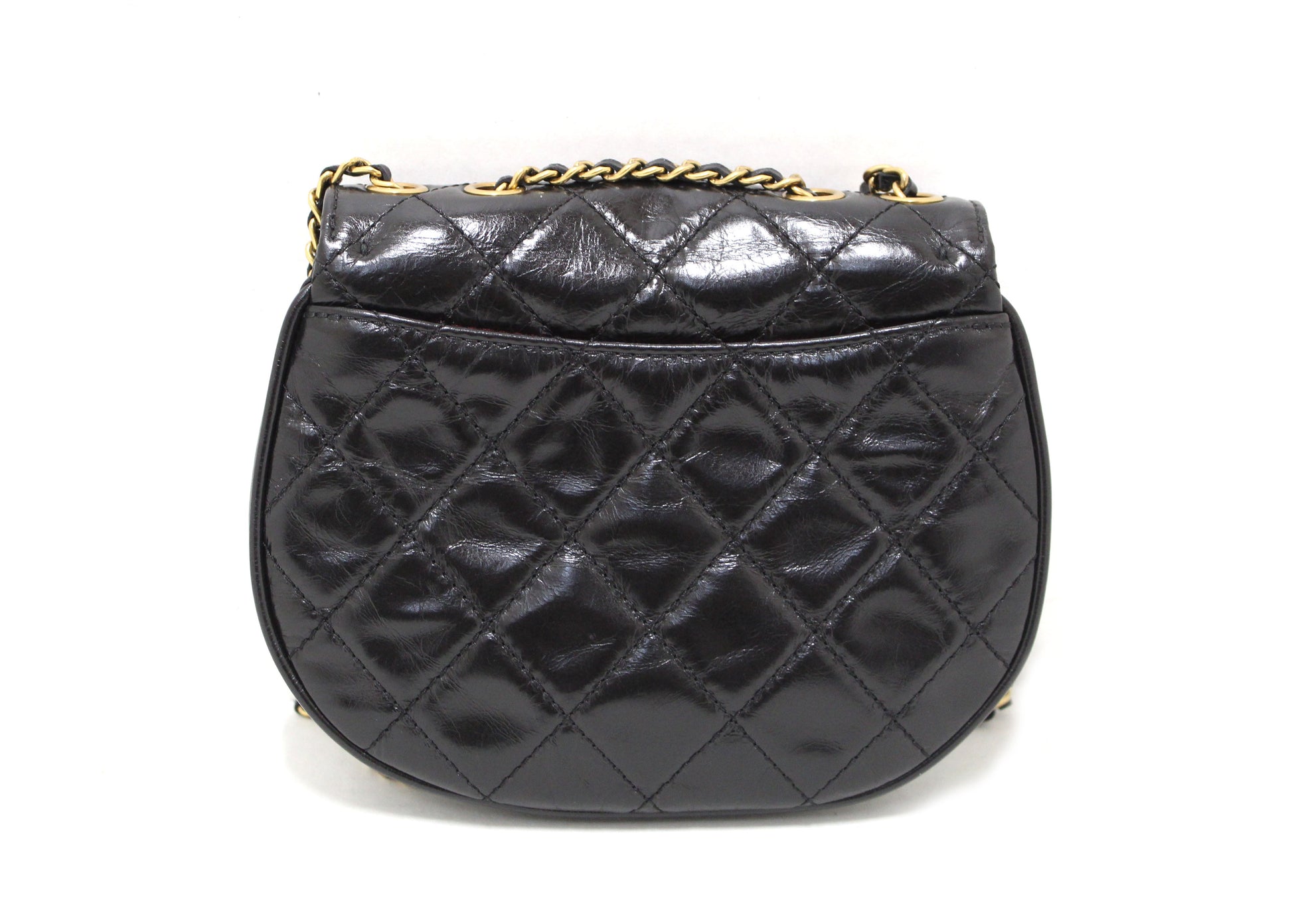 Chanel Black Aged Calfskin Quilted Mini Haft Moon Bag