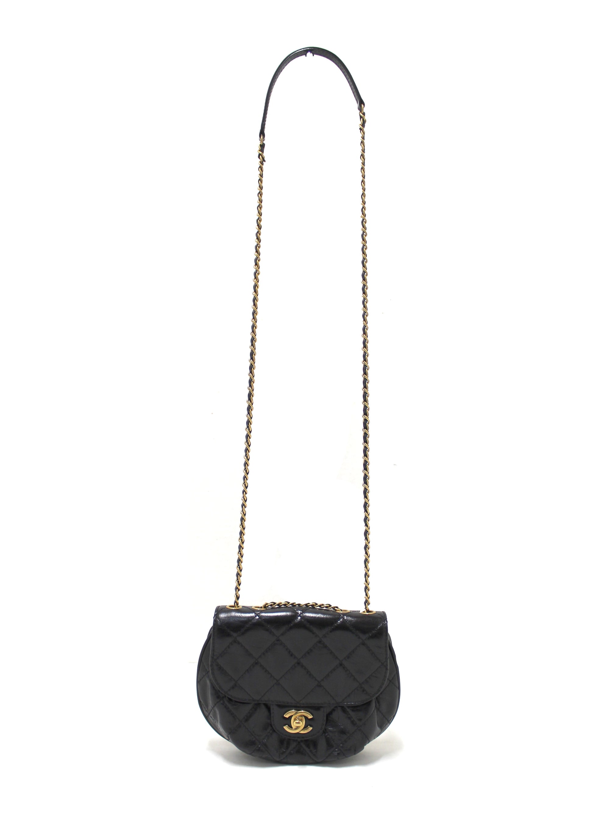 Chanel Black Aged Calfskin Quilted Mini Haft Moon Bag
