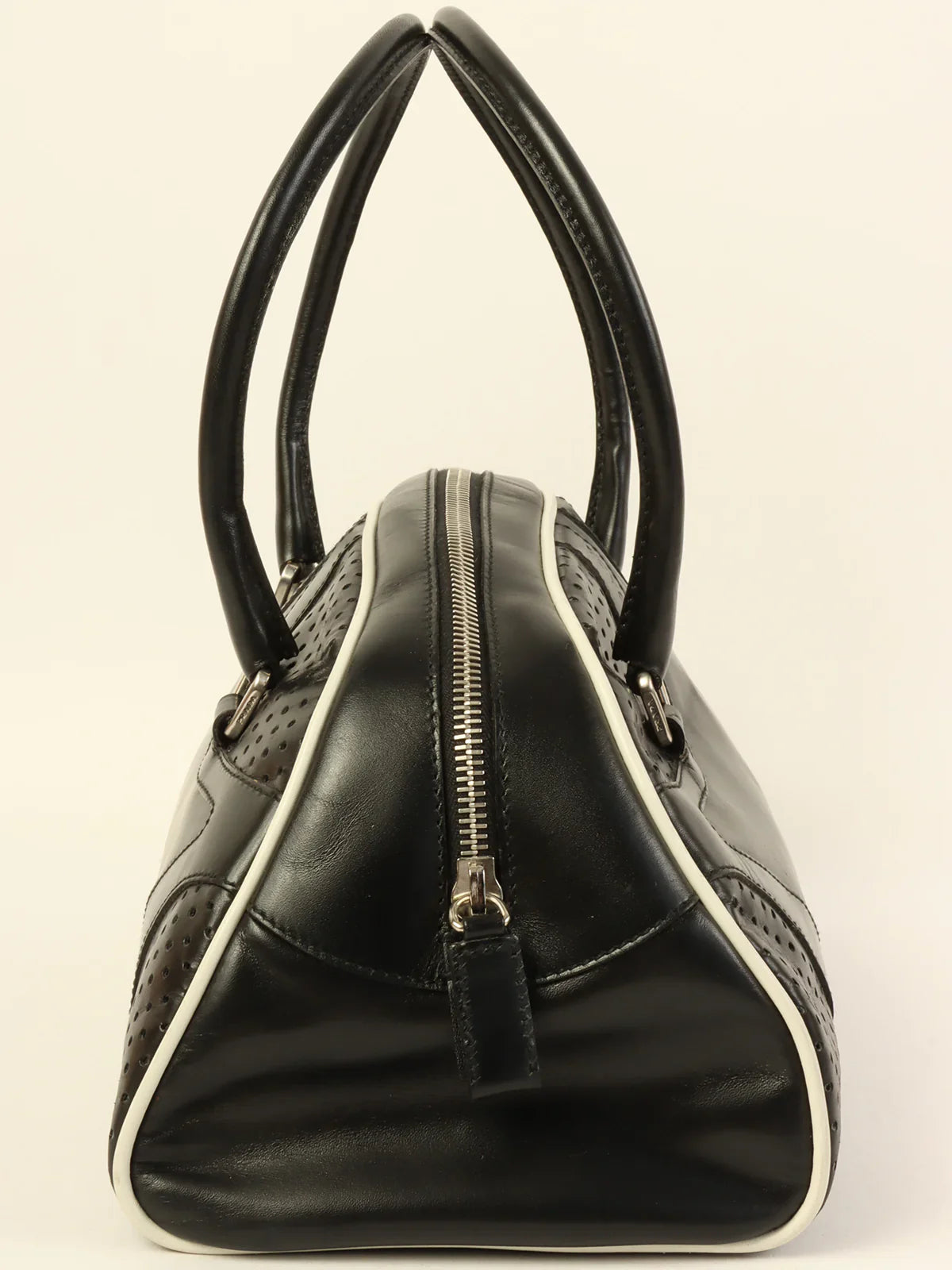 PRADA Punching Leather Logo Embossed Top Handle Bag Black