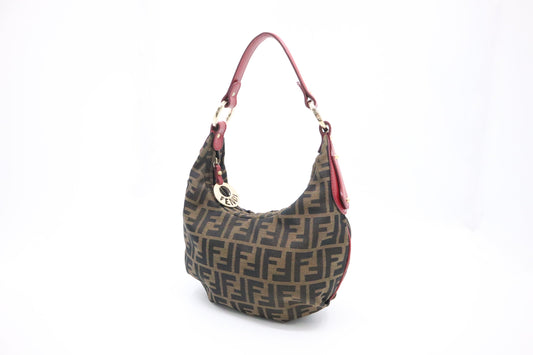 Fendi Shoulder Bag in Zucca Canvas and Red Leather