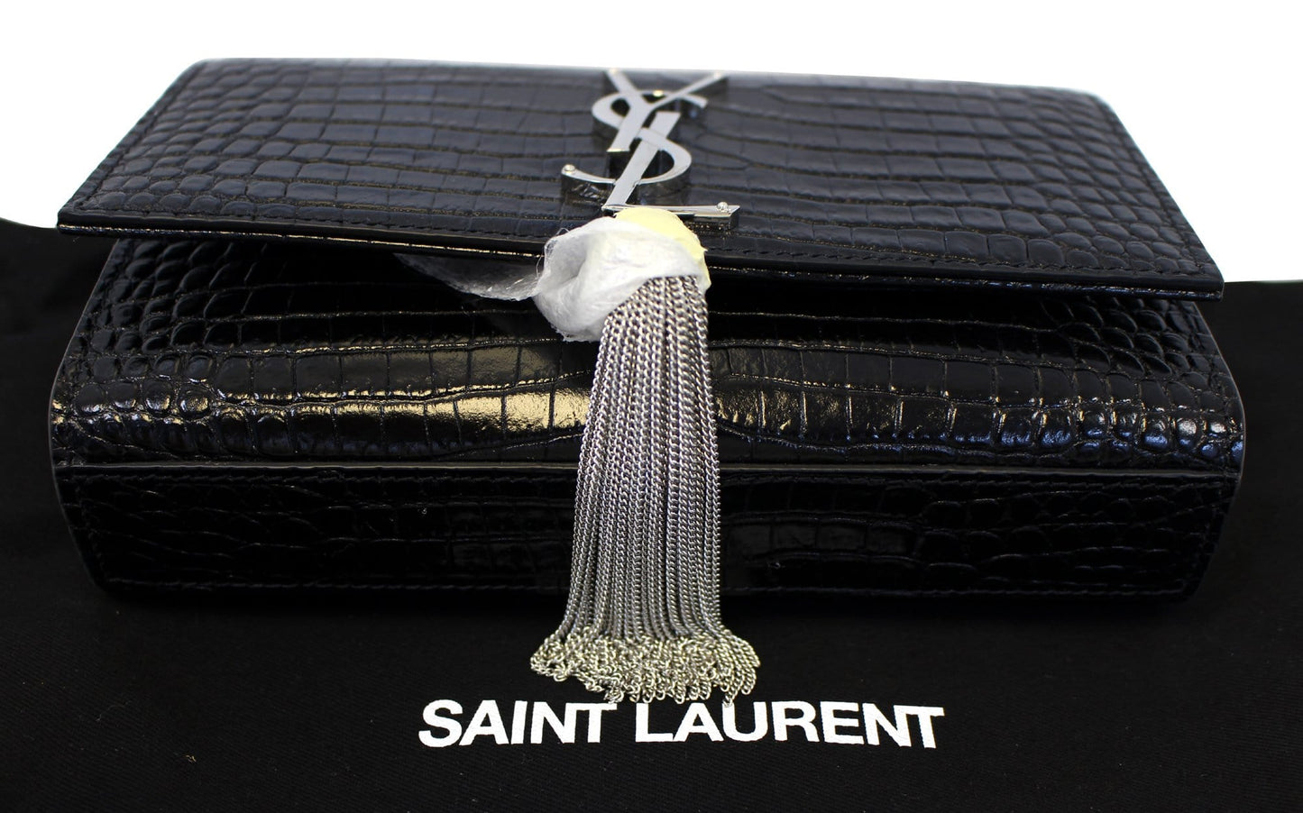 SAINT LAURENT Crocodile Black Leather Silver Chain Clutch Crossbody Bag