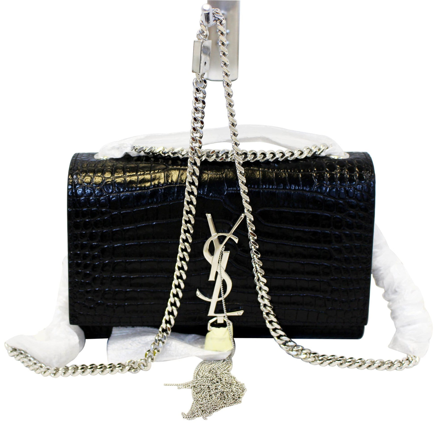 SAINT LAURENT Crocodile Black Leather Silver Chain Clutch Crossbody Bag
