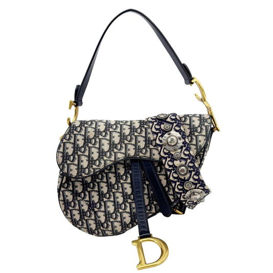 CHRISTIAN DIOR Saddle Oblique Jacquard Belt Crossbody Bag Navy Blue