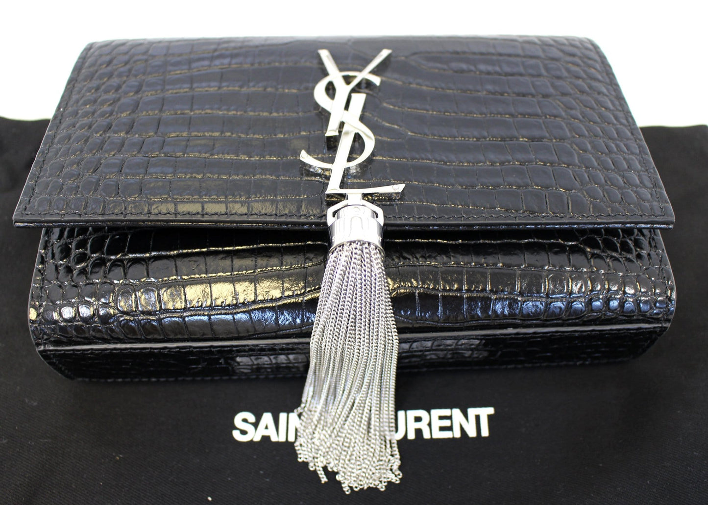 SAINT LAURENT Crocodile Black Leather Silver Chain Clutch Crossbody Bag
