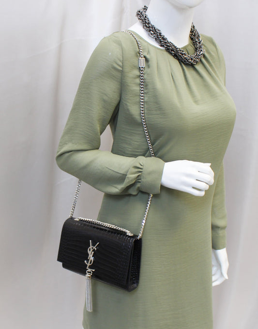SAINT LAURENT Crocodile Black Leather Silver Chain Clutch Crossbody Bag