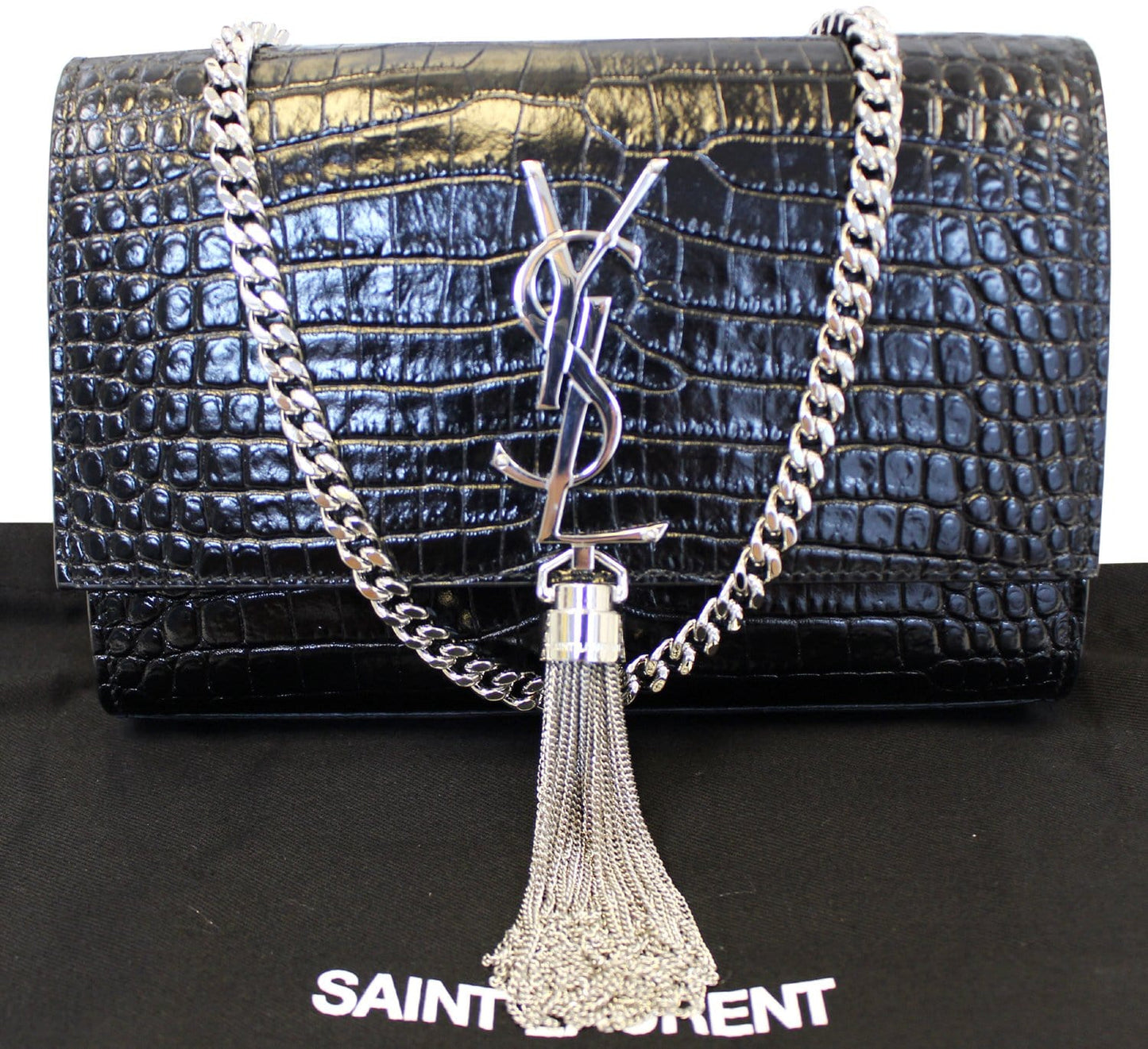 SAINT LAURENT Crocodile Black Leather Silver Chain Clutch Crossbody Bag