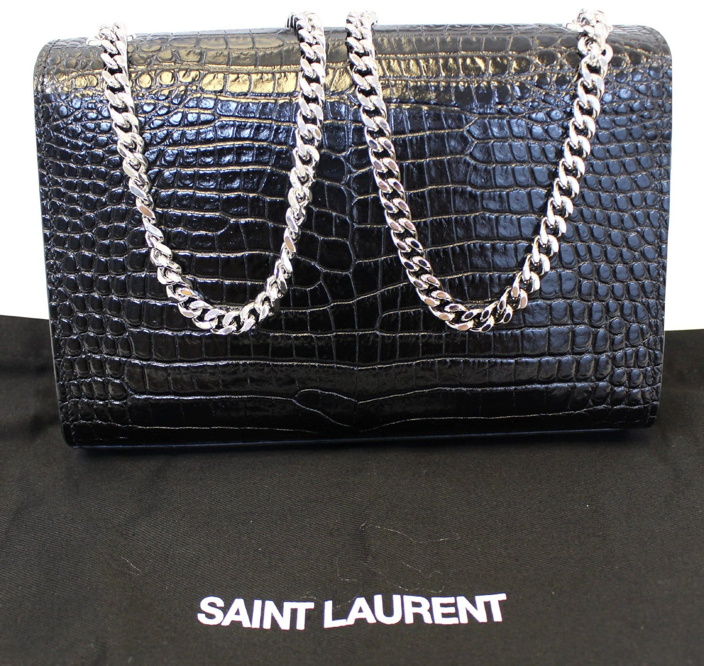 SAINT LAURENT Crocodile Black Leather Silver Chain Clutch Crossbody Bag